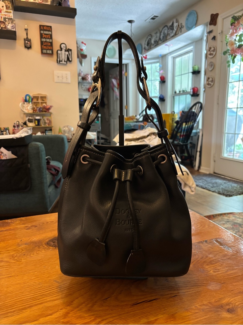 Dooney & Bourke Black Pebbled Drawstring Bucket Bag